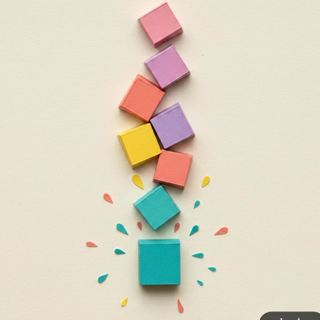 Paper-cutout stack of colorful puzzle blocks with one block falling from above, teal block at the center