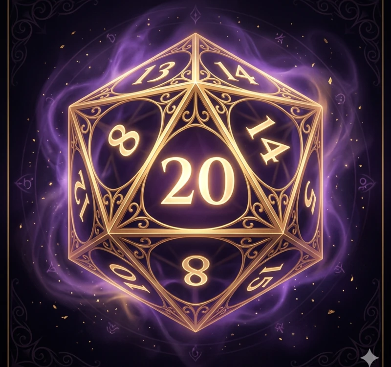 Glowing gold wireframe d20 floating in purple arcane mist with filigree and sparkles