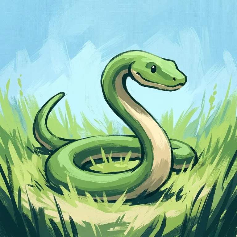 Painted green snake winding through a soft summer garden